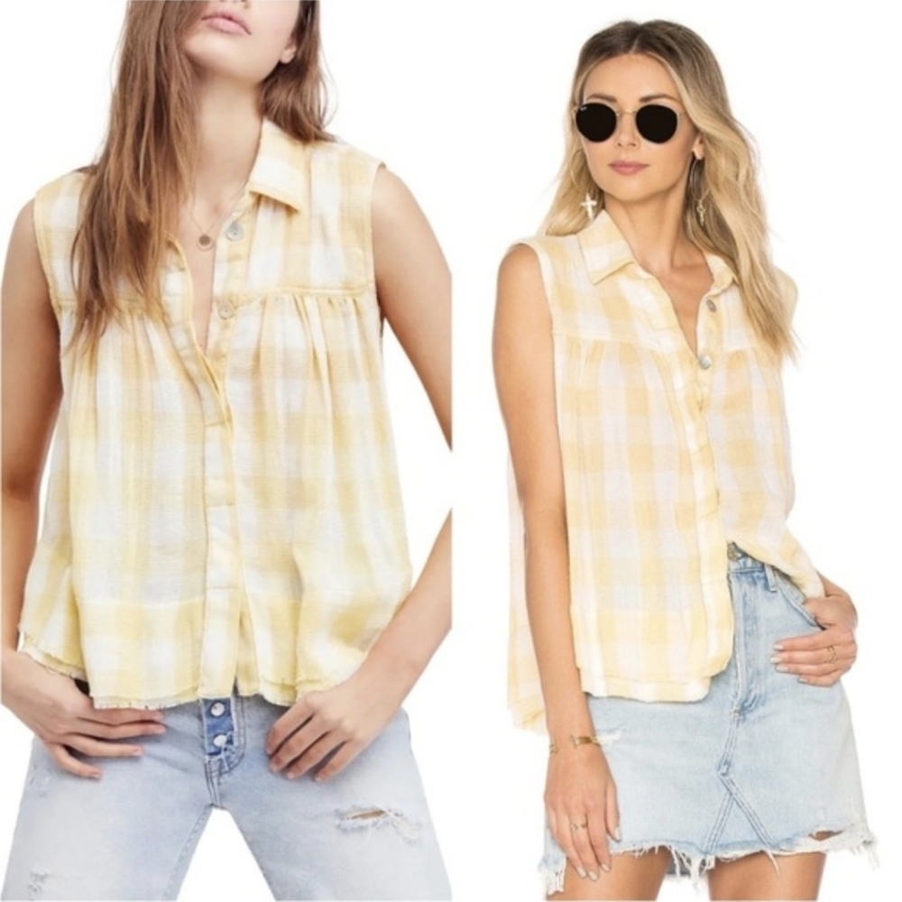 Free People Yellow Plaid 'Hey There Sunrise' Gauze Tank Top S EUC